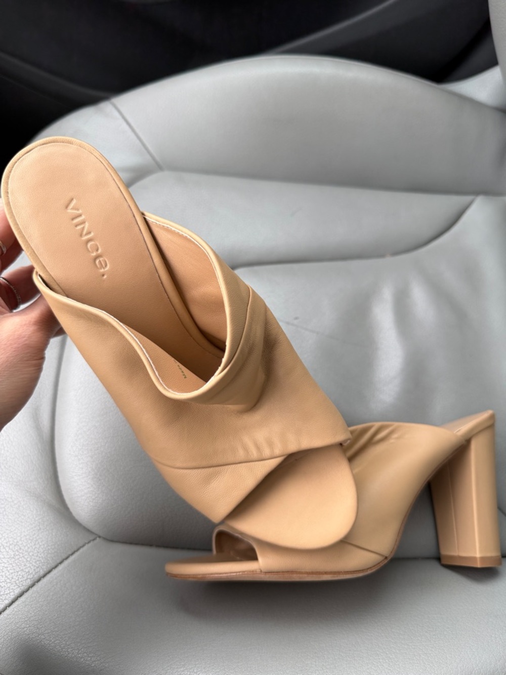 Vince Tan Leather Open-Toe Sculpted Slide Heels